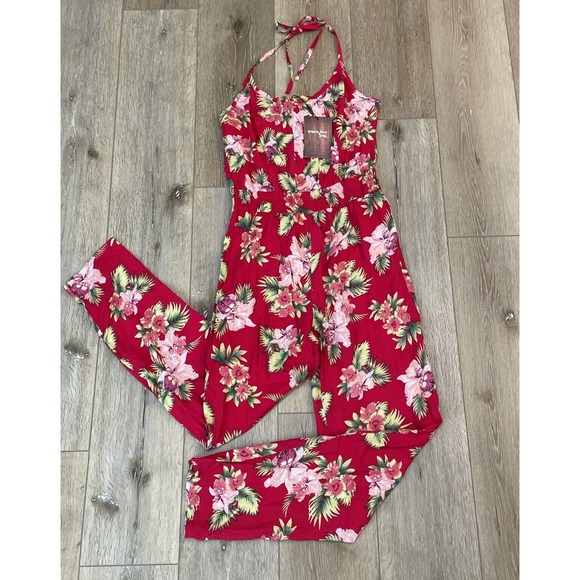 Triple Five Soul SALESMAN SAMPLE Jumpsuit Raspberry Red Tropical Floral Medium - Picture 1 of 7
